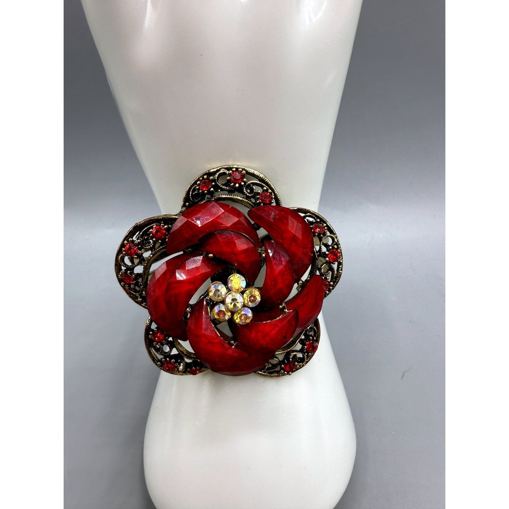 Vintage Style Red Flower Hinge Cuff Bracelet Gold Tone Rhinestone Statement